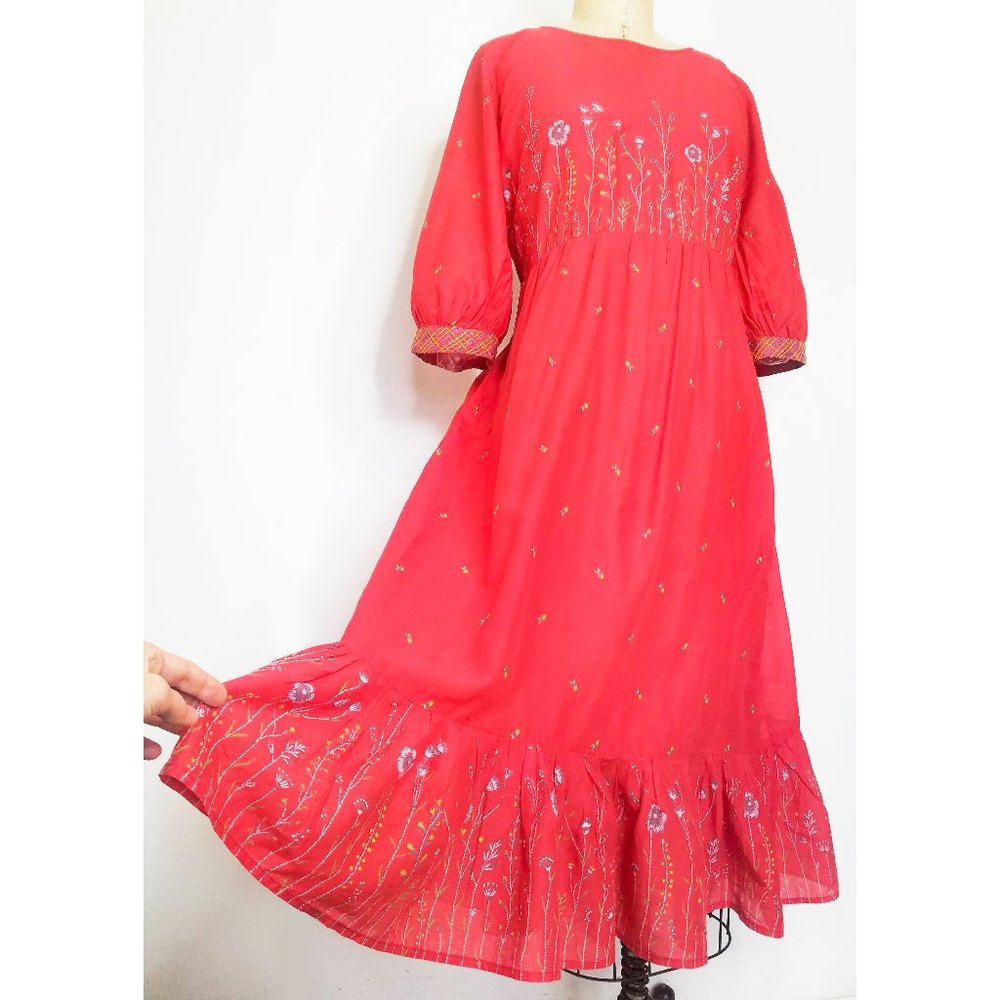 Vintage Womens Prairie Dress Boho Bohemian Empire Waist Floral Summer Red M/L - Picture 2 of 7